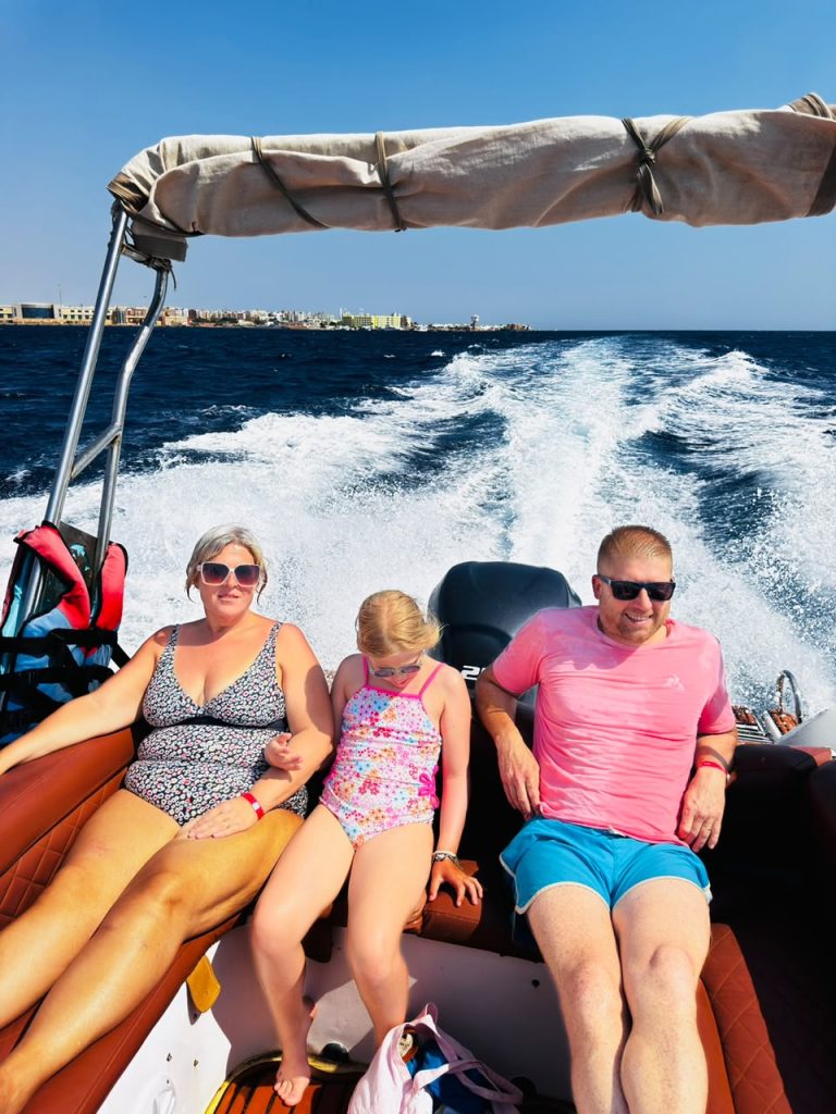 Guests aboard a speedboat near Hurghada